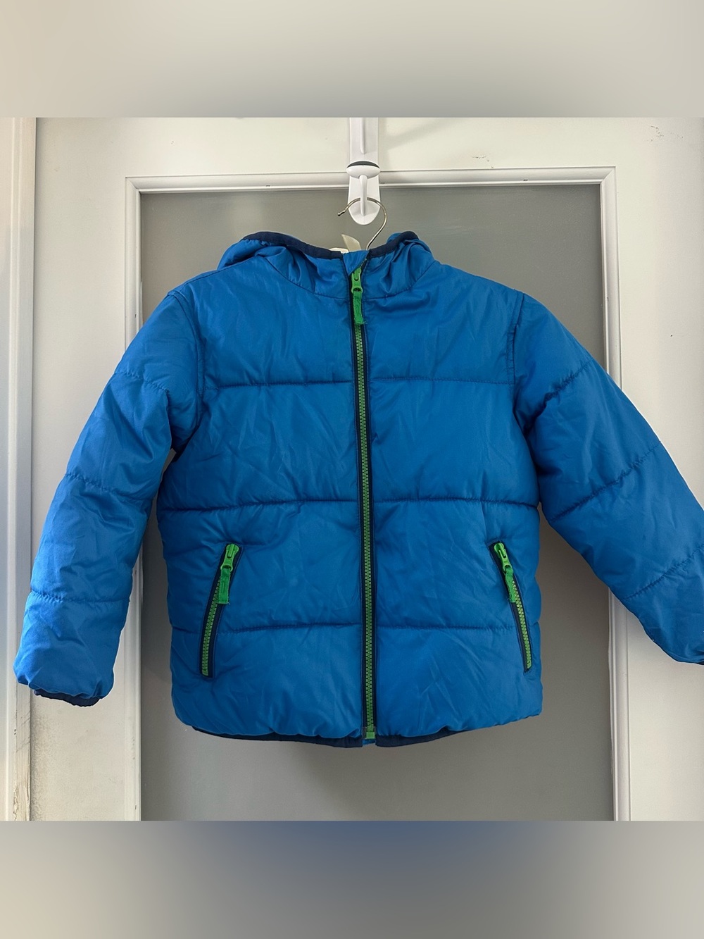 Old navy Blue Puffer Jacket w Green Accents